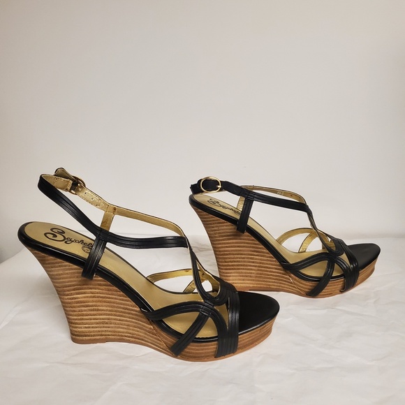 Seychelles Kick up your heels wedge black tan strappy ankle strap open toe 8.5 - Picture 6 of 7